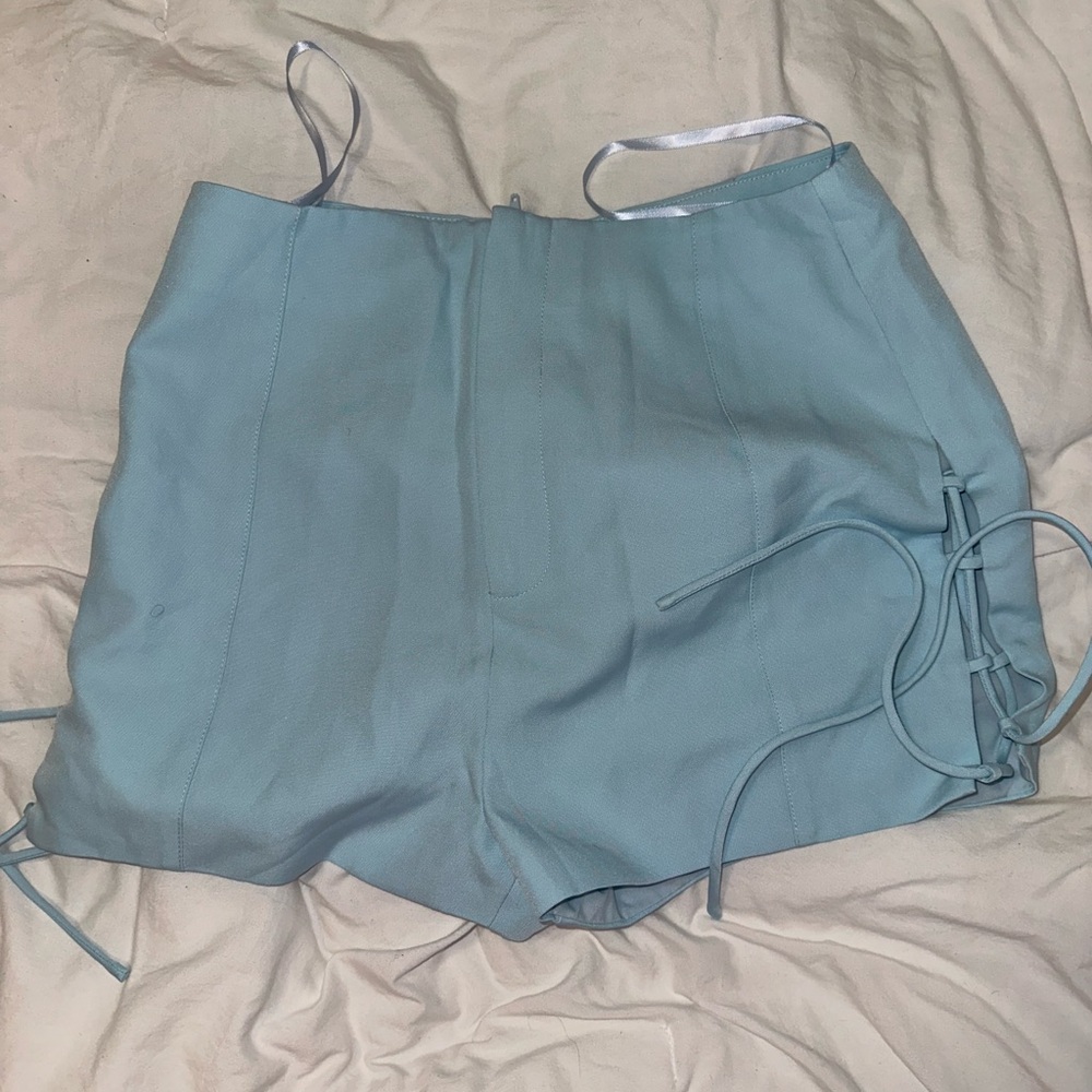 Hello Molly Sky Blue High Waist Lace-Up Shorts